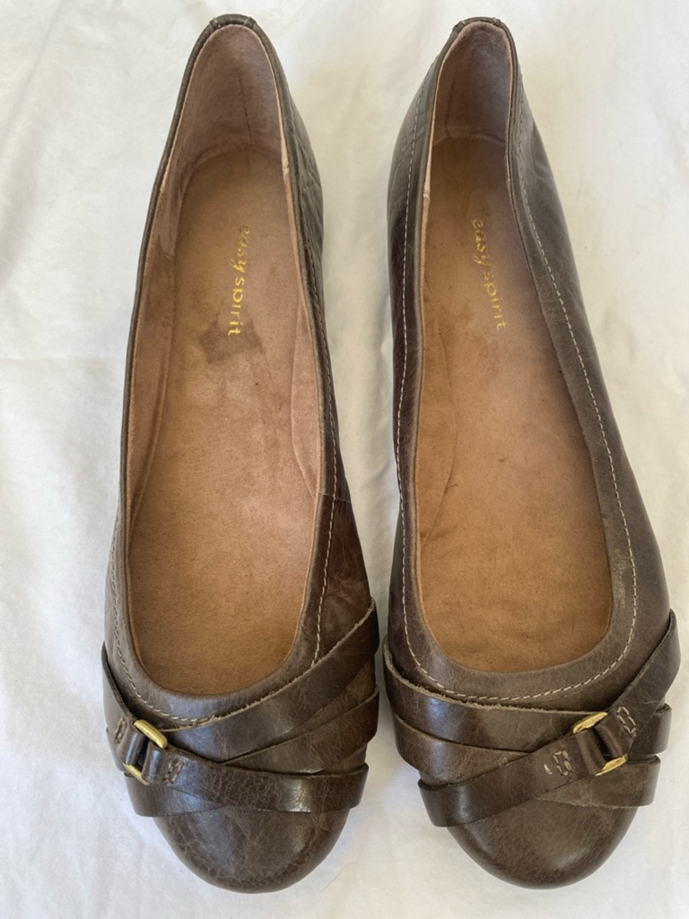 Easy Spirit Brown Leather Ballet Slip On Flats Round Toe w/Buckle Women Sz 8.5W